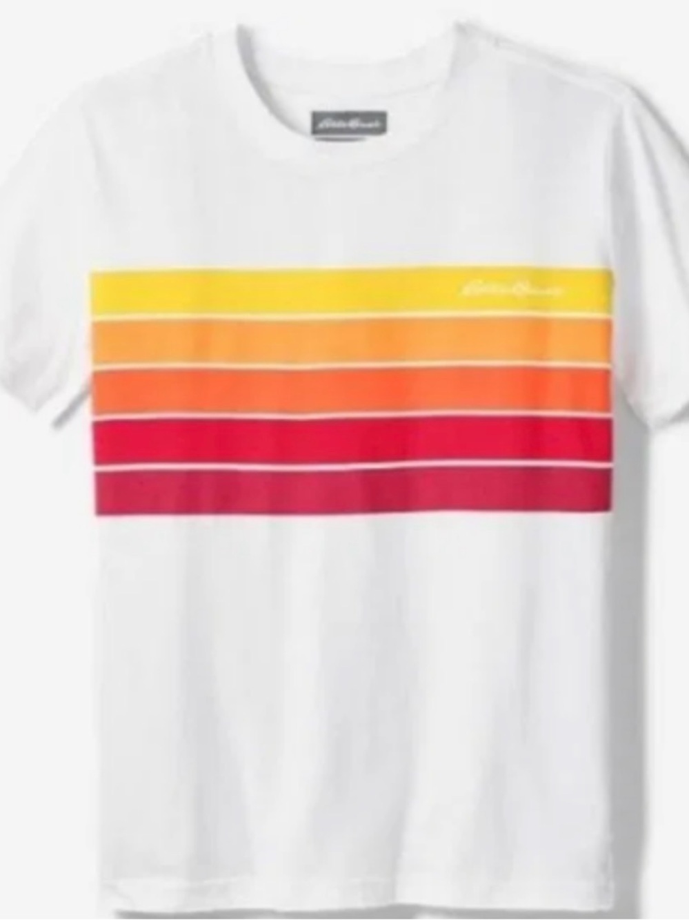 Eddie Bauer White Short-Sleeve Tee with Yellow-Orange-Red Stripes
